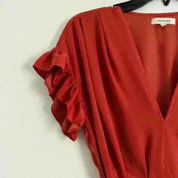 Max Studio Women's Top Ruffle Sleeve Wrap Tie Red - Picture 6 of 8